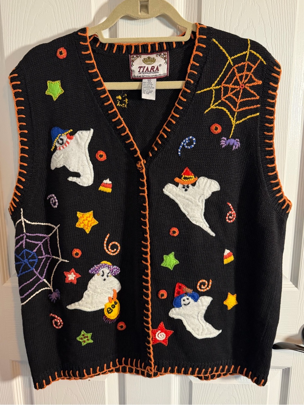 Vintage Tiara Sweater Vest Halloween Embroidered & Stitched Ghosts Candy Corn XL - Picture 2 of 4